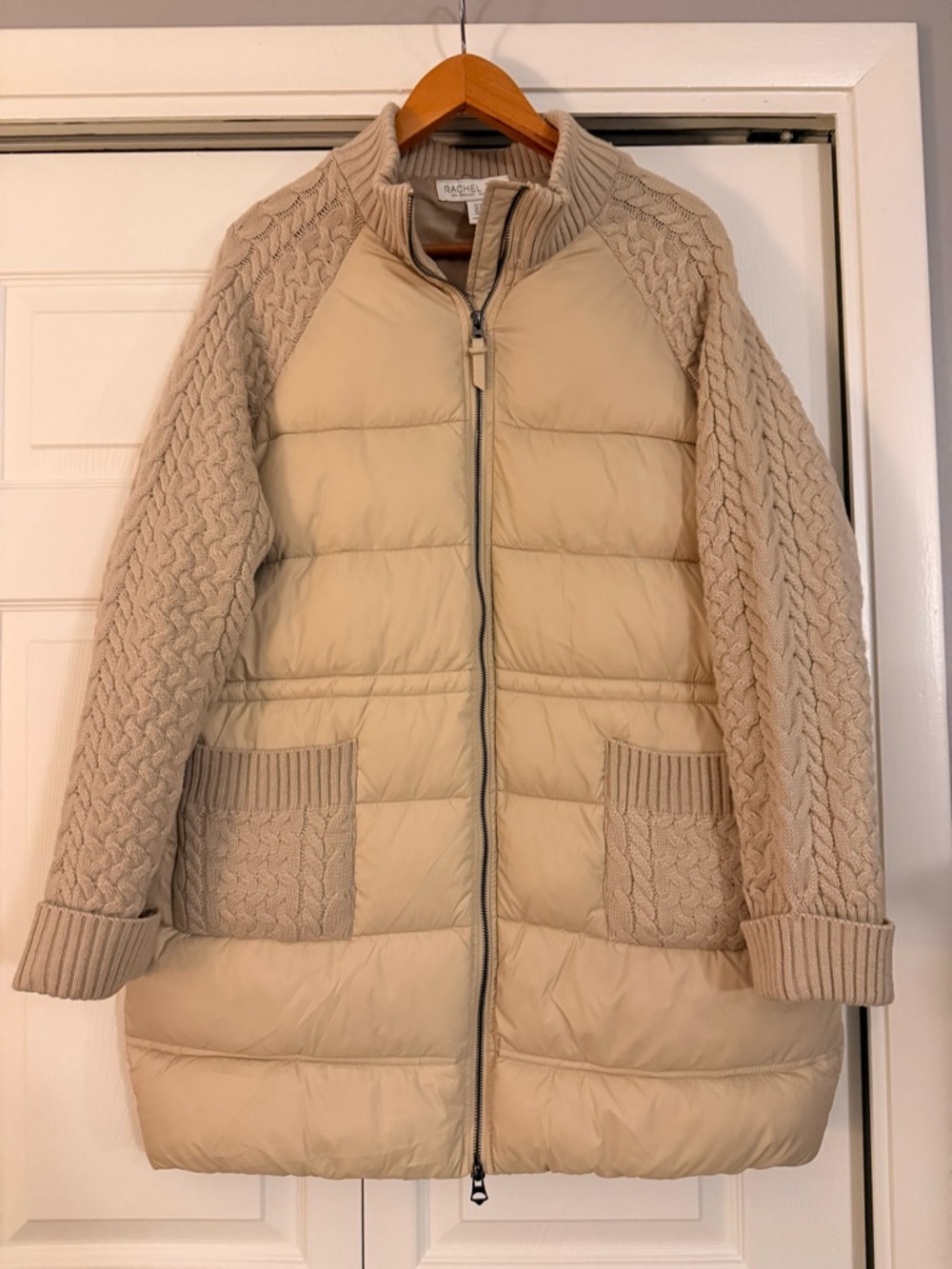 Rachel Zoe Beige Quilted Puffer Coat with Cable-Knit Sleeves